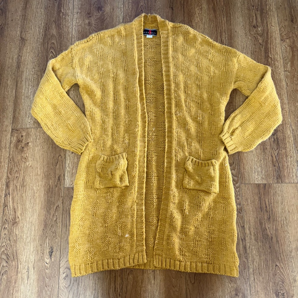 Toda Bela Mustard Yellow Chunky Knit Longline‎ Cardigan Sweater Womens 2X Wool